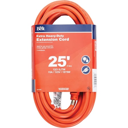 All-Source SJTW Extension Cord, 12 AWG, Outdoor, 12/3, 1 Outlets, Orange, 25 ft OU-JTW123-25-OR